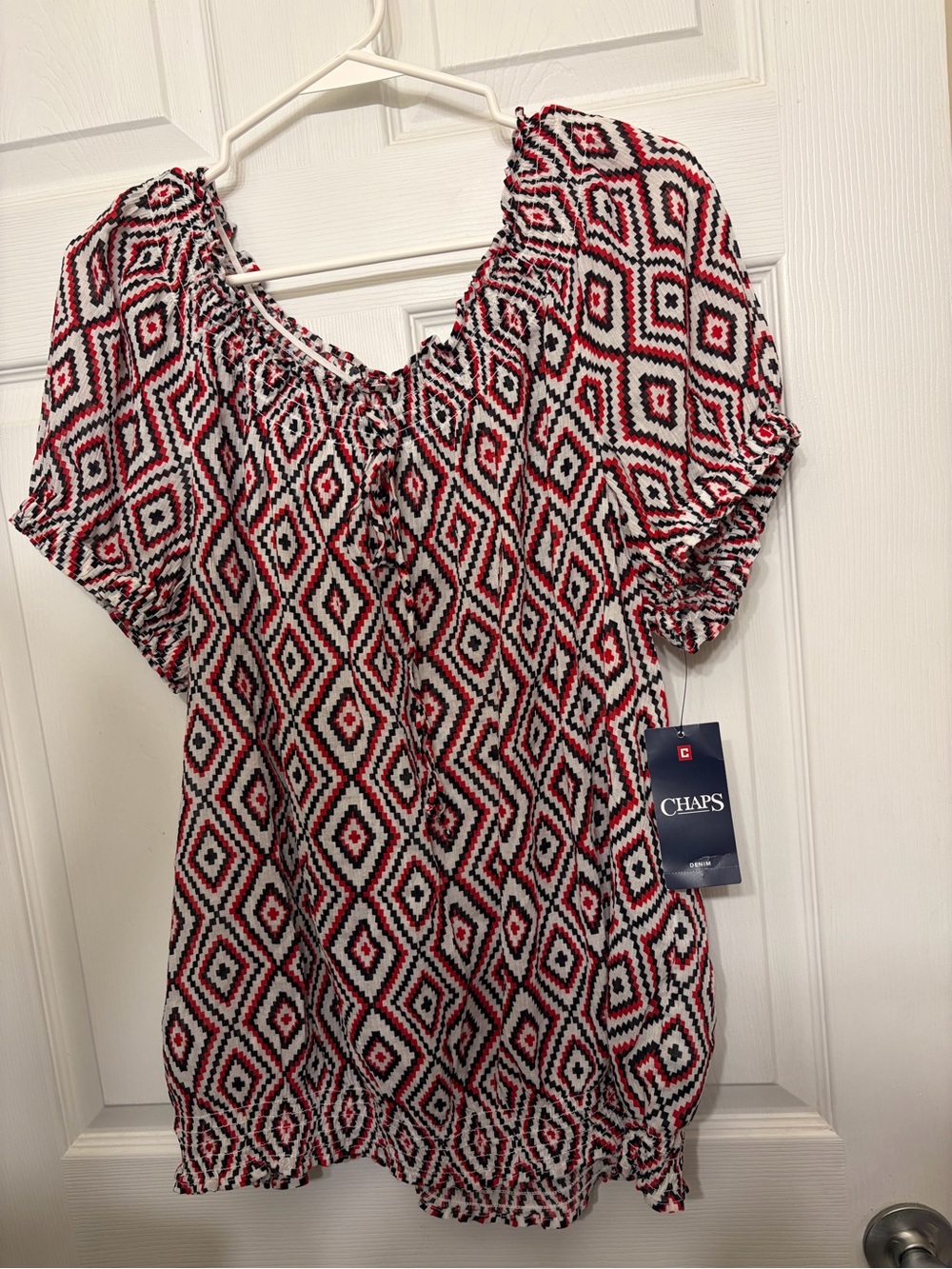 Chaps Women's Red Black White Geometric Peasant Blouse